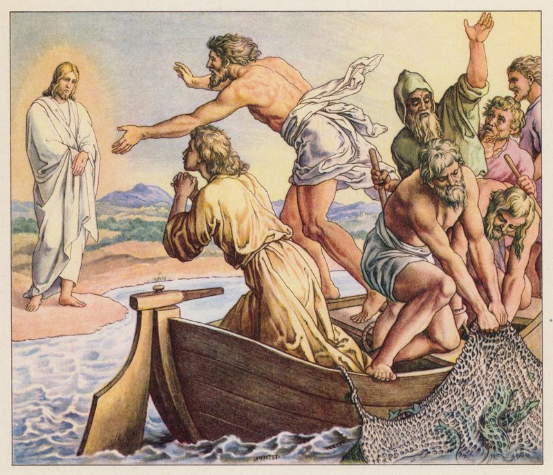 Jesus framträder för sina lärjungar (färglitografi) av (after) German School