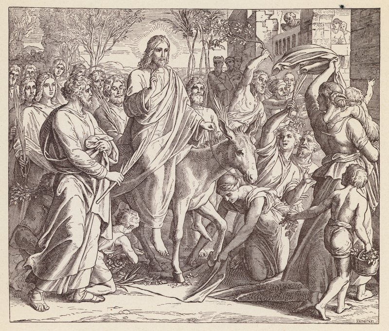 Jesus på väg in i Jerusalem (litografi) av (after) German School