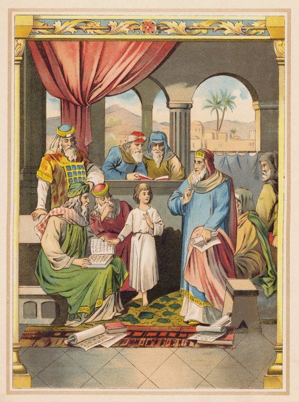 Jesus med de äldste i templet (färglitografi) av (after) German School