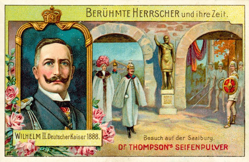 Kaiser Wilhelm II besöker Saalburg, Tyskland (chromolitho) av (after) German School