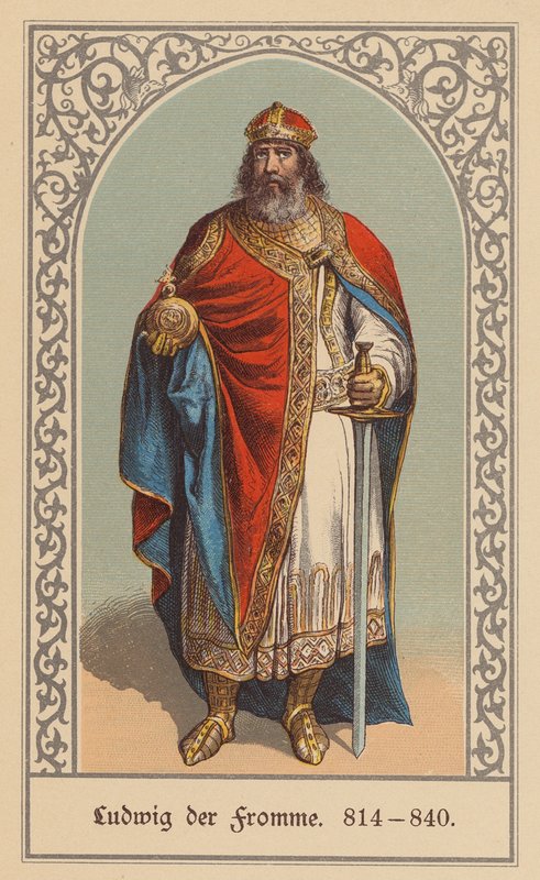 Ludvig den fromme, frankernas kung och tysk-romersk kejsare (färglitografi) av (after) German School