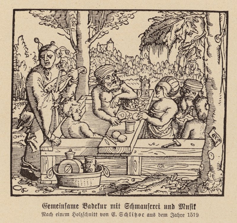 Blandat spa-bad med festmåltid och musik (träsnitt) av (after) German School