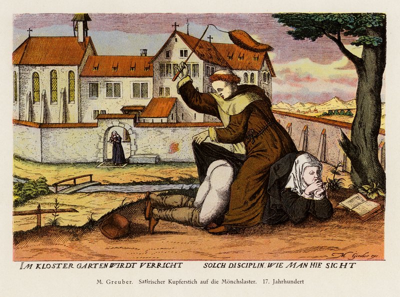 Munken disciplinerar en nunna i klosterträdgården (färglitografi) av (after) German School