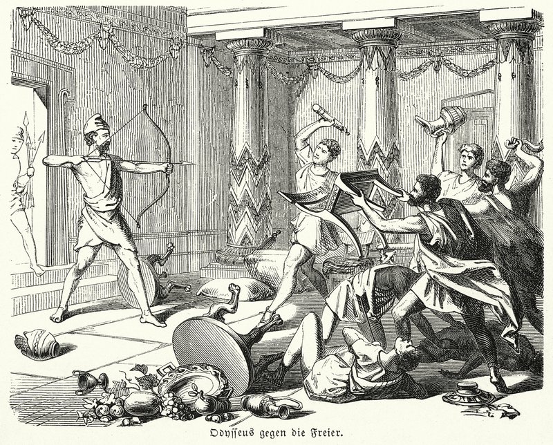 Odysseus dräper Penelopes friare (gravyr) av (after) German School