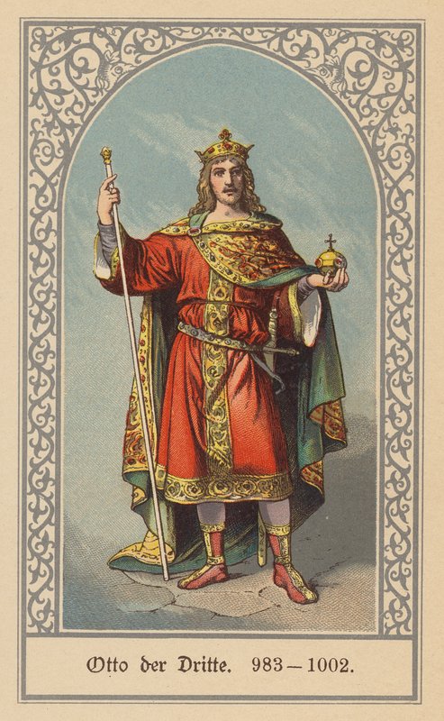Otto III, kung av Tyskland och Italien och tysk-romersk kejsare (färglitografi) av (after) German School