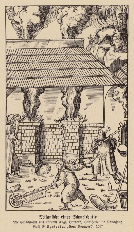 Partiell vy av ett smältverk (träsnitt) av (after) German School