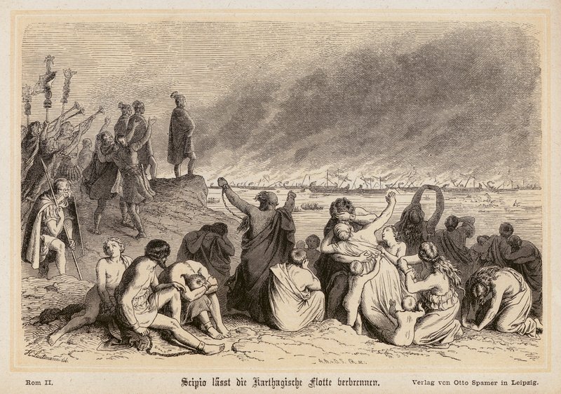 Scipio Africanus bränner den kartagiska flottan (gravyr) av (after) German School