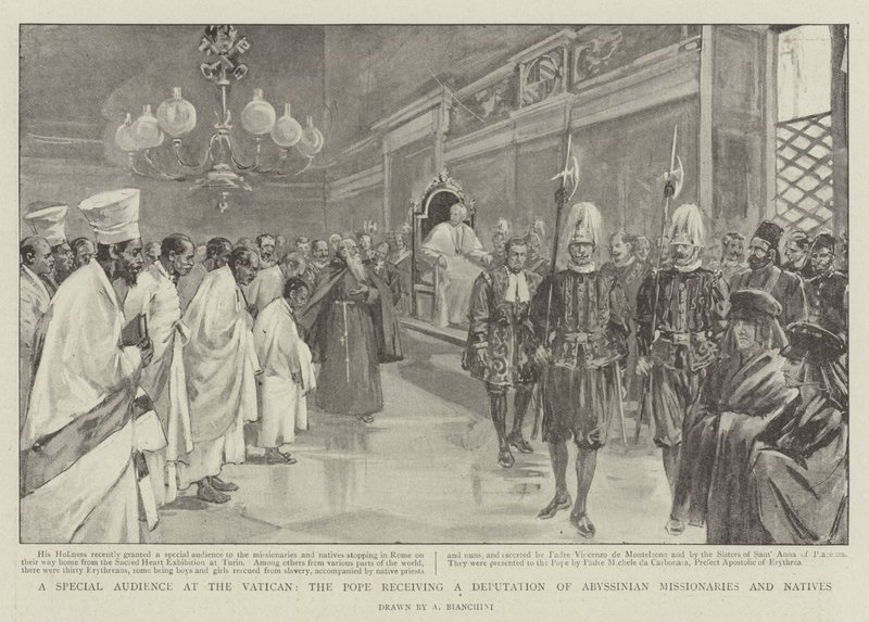 En speciell publik i Vatikanen, påven tar emot en deputation av abessiniska missionärer och infödda (litho) av (after) Italian School