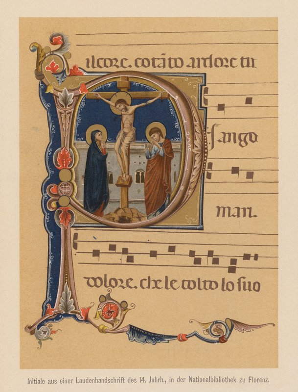 Jesu Kristi korsfästelse, initial från en medeltida illuminerad handskrift (färglitografi) av (after) Italian School