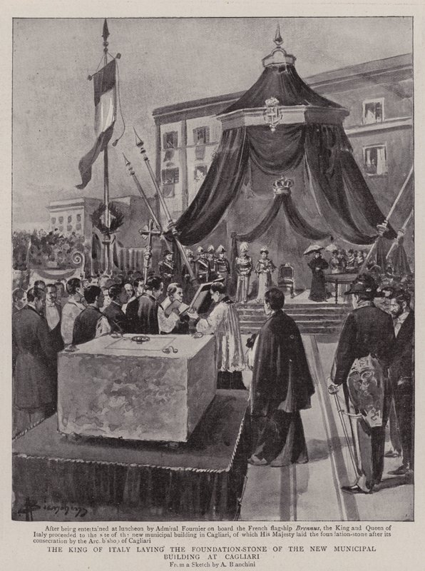 Kungen av Italien lägger grundstenen till den nya kommunala byggnaden i Cagliari (litho) av (after) Italian School