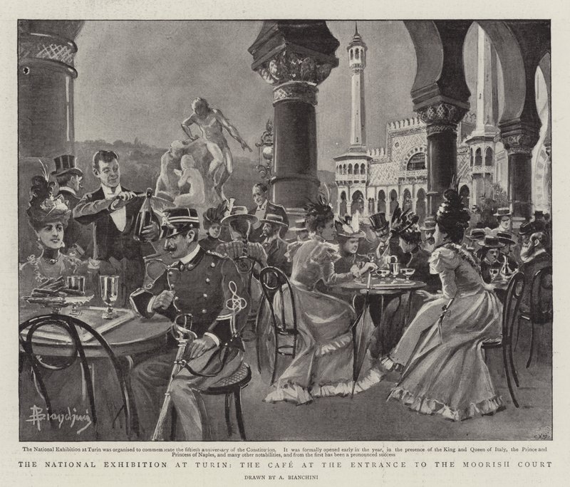 Nationella utställningen i Turin, kaféet vid ingången till den moriska domstolen (litho) av (after) Italian School