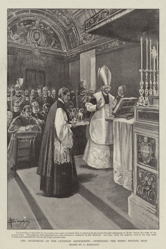Den katolska föreningens pilgrimsfärd, närvara vid påvens privata mässa (litho) av (after) Italian School