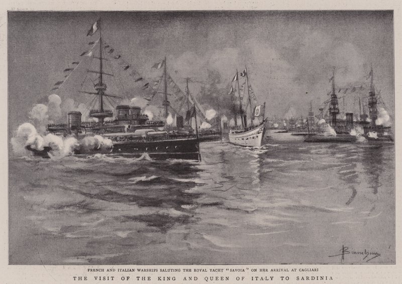 Besöket av kungen och drottningen av Italien på Sardinien (litho) av (after) Italian School