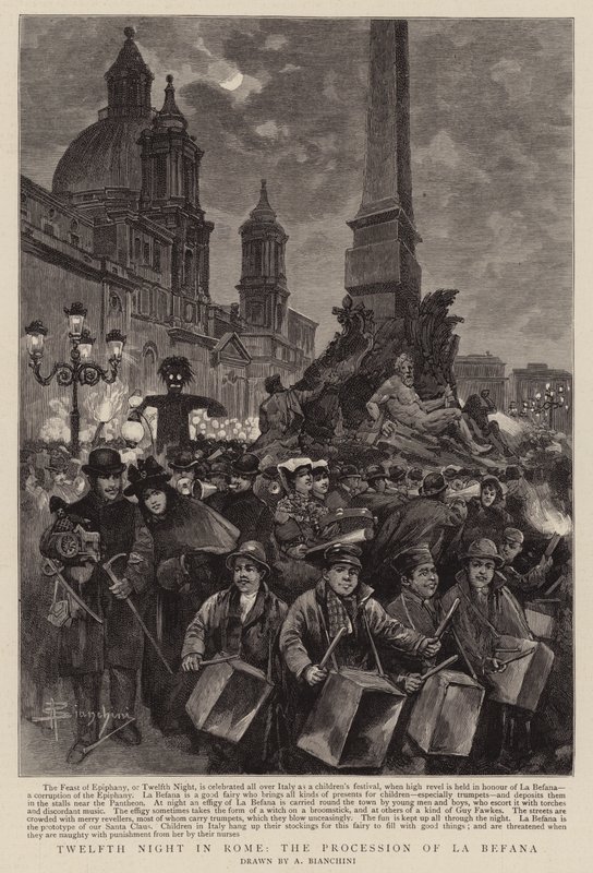 Tolfte natten i Rom, processionen av La Befana (gravyr) av (after) Italian School