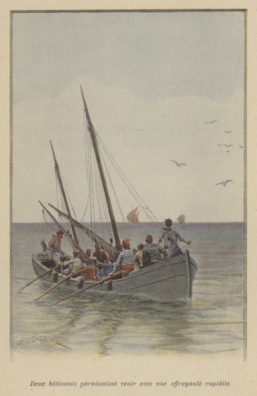Två fartyg närmade sig med en skrämmande hastighet (färg litho) av (after) Paris