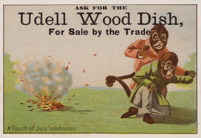 En fjärde juli-firande, handelskort reklam Udell trärätter av American School