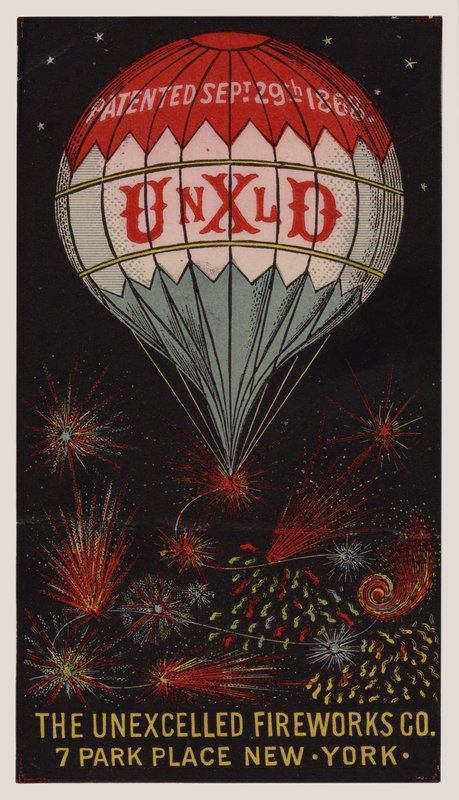Amerikanskt handelskort som annonserar Unexcelled Firework Company, New York av American School