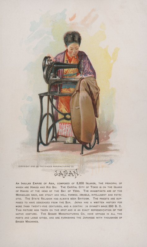 Japansk kvinna som syr, annons för Singer symaskiner, 1892 av American School