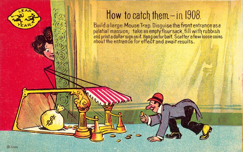 Vykort som visar hur man fångar dem, under ett skottår, 1908 av American School