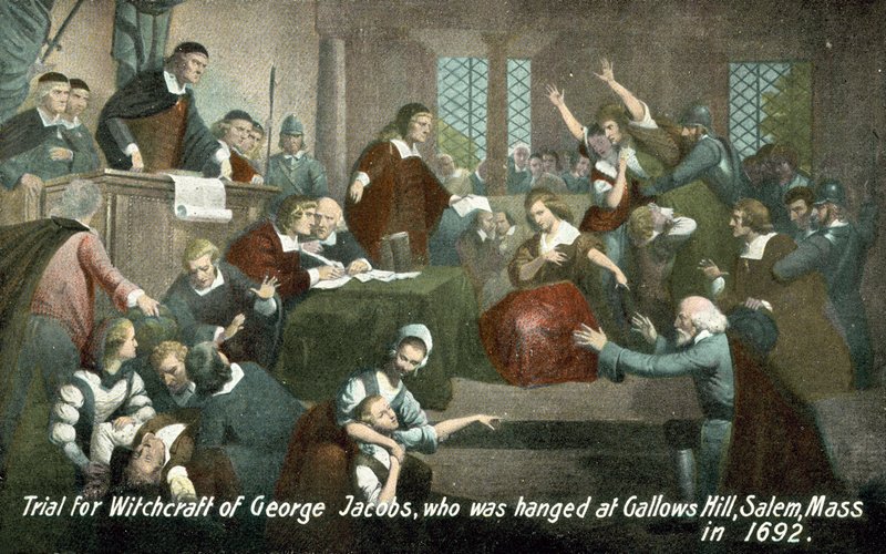 Rättegång för häxkonst mot George Jacobs, som hängdes i Gallows Hill, Salem, Massachusetts, USA, 1692 av American School