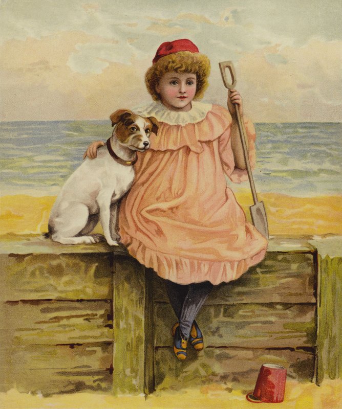 En flicka som sitter med sin hund på stranden av English School