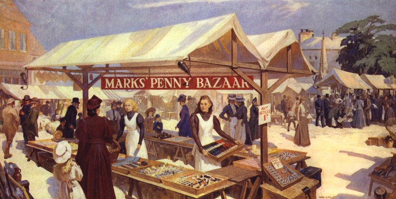 An Artists Impression of Marks Penny Bazaar uppstod 1884 av Michael Marks, far till Sir Simon Marks av English School