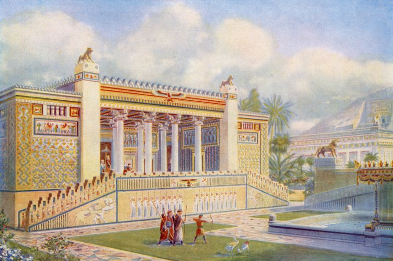 Fasaden på Dariuspalatset i Persepolis ljus med färg, rörelse och liv av English School