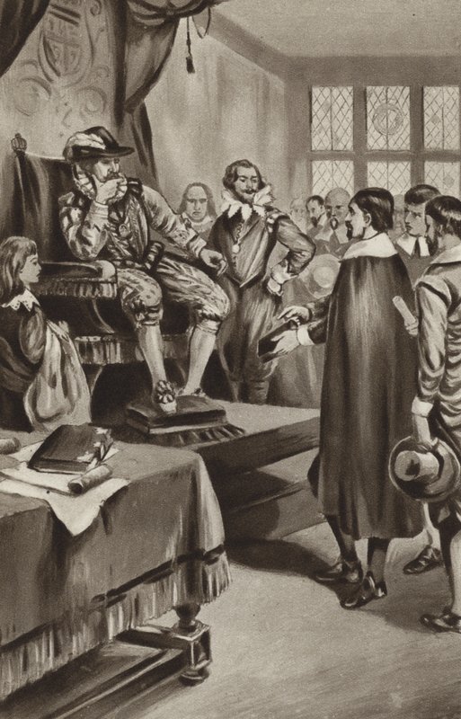 Kung James VI hotar puritanerna att han ska få dem att anpassa sig till kyrkan eller föra ut dem ur landet av English School