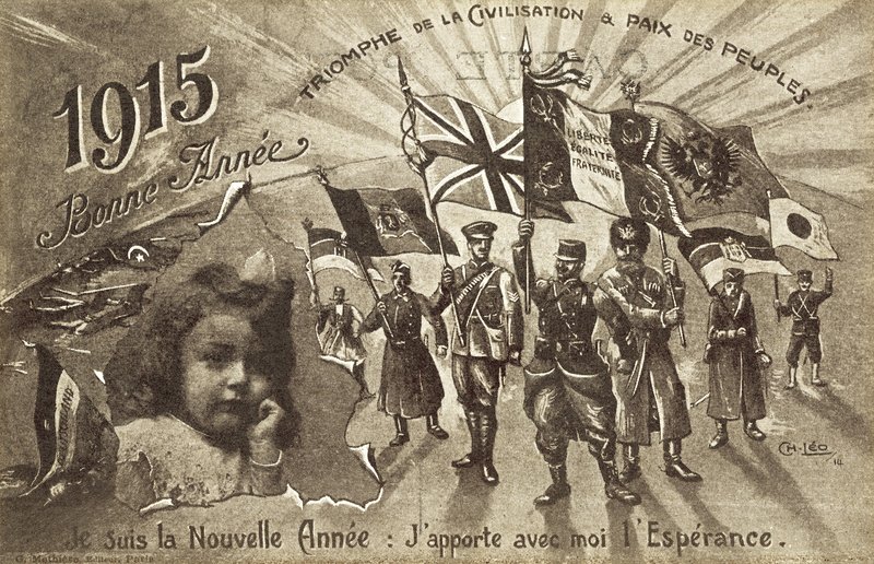 Nyårskort för 1915, som önskar civilisationens triumf och fred bland folken av English School