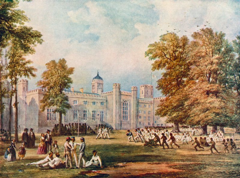Spelar rugby på Rugby School, Warwickshire, 1852 av English School