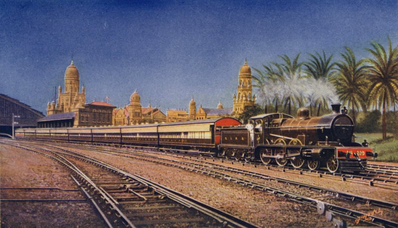 Bombay-Poona Express, som lämnar Victoria Terminus, Bombay, Great Indian Peninsula Railway av English School