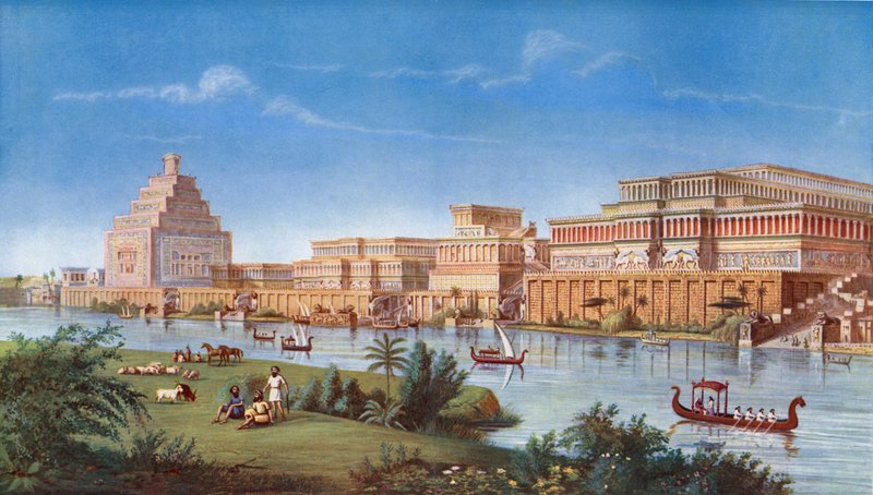 Majestätiska palats i det antika Assyriens stora huvudstad Nineve som det var för mer än tjugofem århundraden sedan av European School