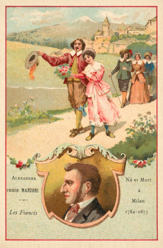 Alessandro Manzoni, italiensk författare, och en scen ur hans roman De trolovade av French School