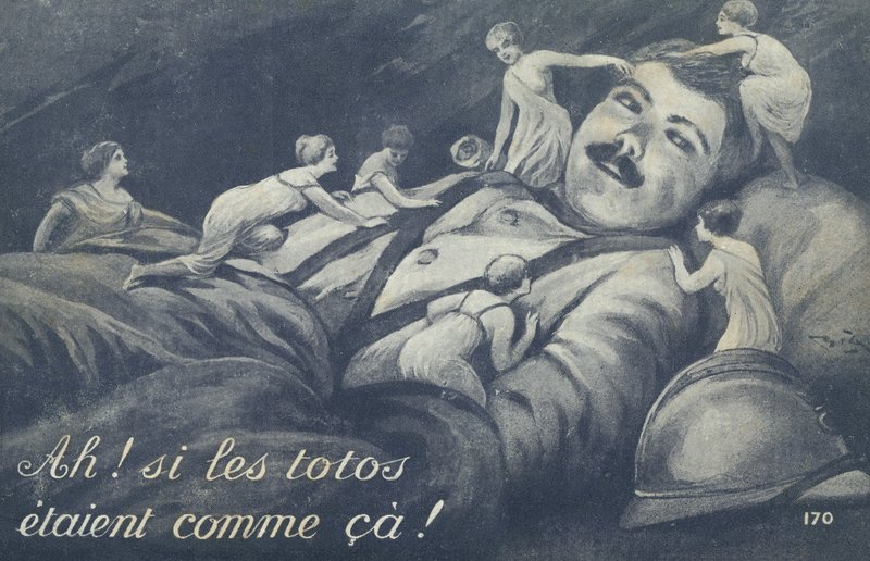 Små kvinnor som klättrar över en soldat av French School