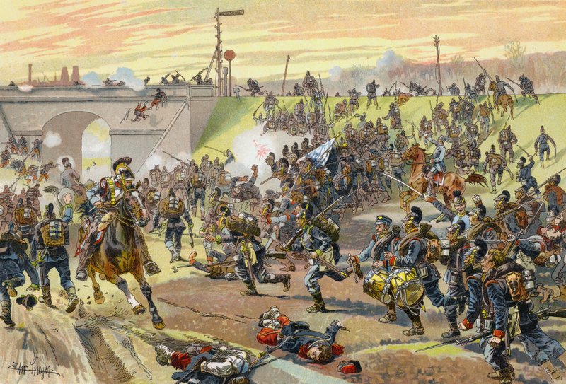 Den 1:a bayerska kåren stormar en järnvägsbank utanför Orleans, fransk-preussiska kriget, 11 oktober 1870 av German School