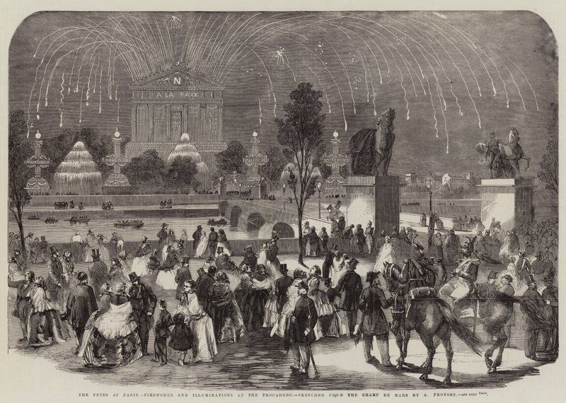 Festerna i Paris, fyrverkerier och belysningar på Trocadero, skissade från Champ de Mars av A Provost