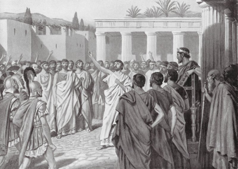 De peloponnesiska staternas kongress i Sparta, 432 f.Kr (litografi) av A.C. Weatherstone