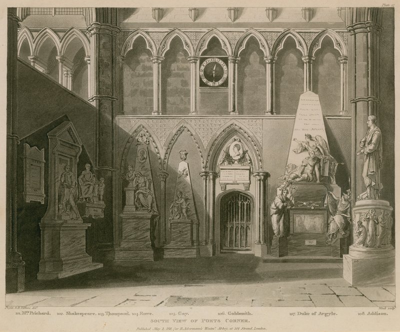 Söder utsikt över Poets Corner, Westminster Abbey, London av A.C. and Villiers, H. Pugin
