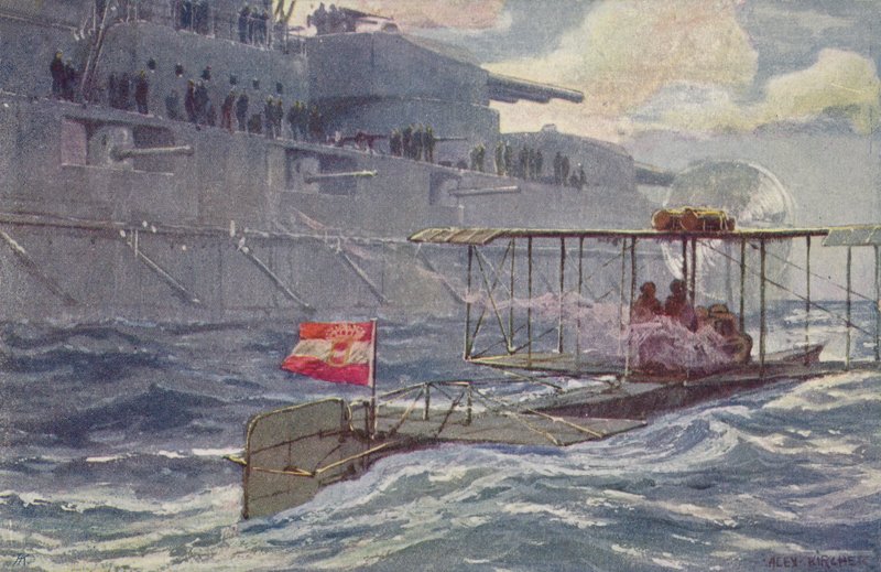 Österrikisk-ungerska sjöflygplan som passerar ett slagskepp, första världskriget, 1914-1918 av A. Kircher