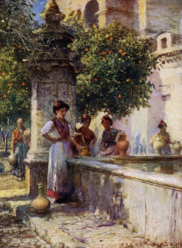 Cordova, fontän på apelsinernas innergård (färg litho) av A. Trevor Haddon