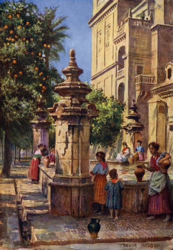 Cordova, fontän på apelsinernas innergård (färg litho) av A. Trevor Haddon