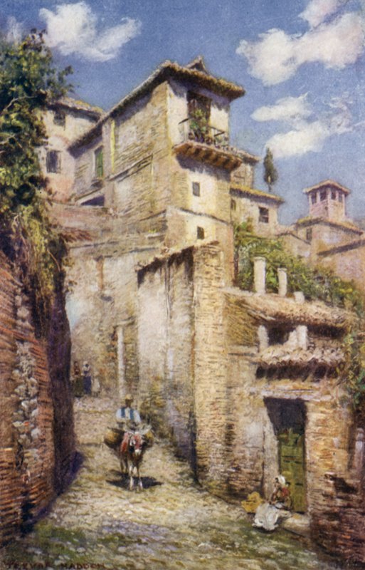 Granada, en gata i Albaicin (färg litho) av A. Trevor Haddon