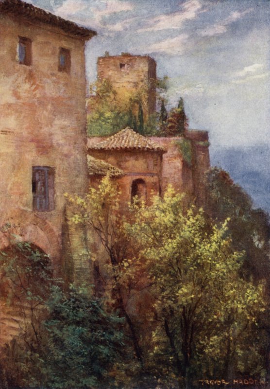 Granada, Exteriör av Alhambra (färg litho) av A. Trevor Haddon