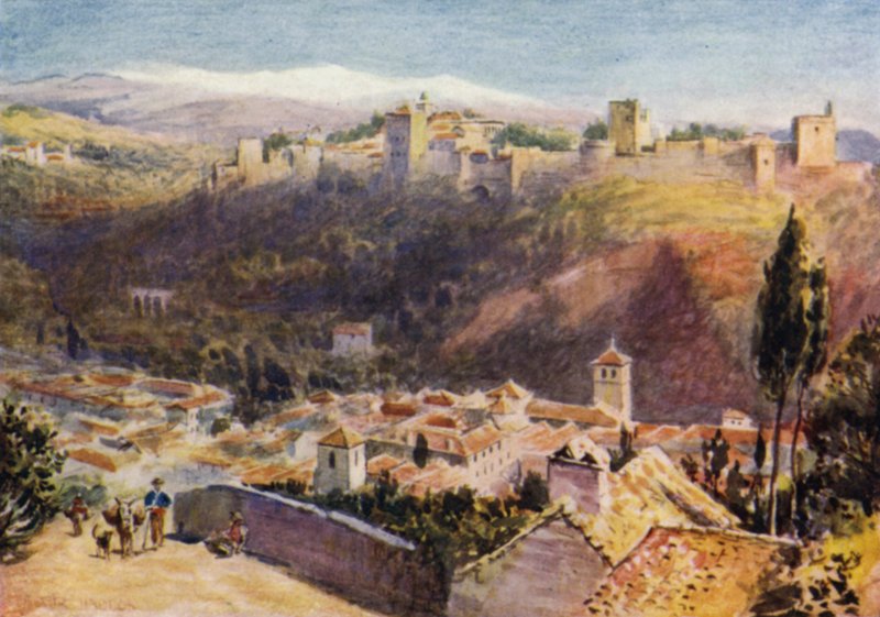 Granada, allmän utsikt över Alhambra (färg litho) av A. Trevor Haddon