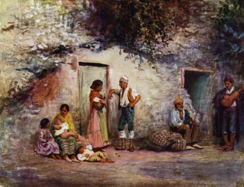 Granada, zigenare vid dörrarna till sina grottor (färg litho) av A. Trevor Haddon