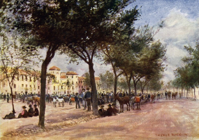 Granada, marknaden och Gypsy Fair i Triunfo (färg litho) av A. Trevor Haddon