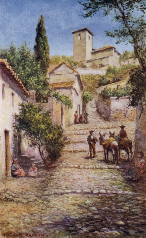 Granada, gata i de gamla kvarteren (färg litho) av A. Trevor Haddon