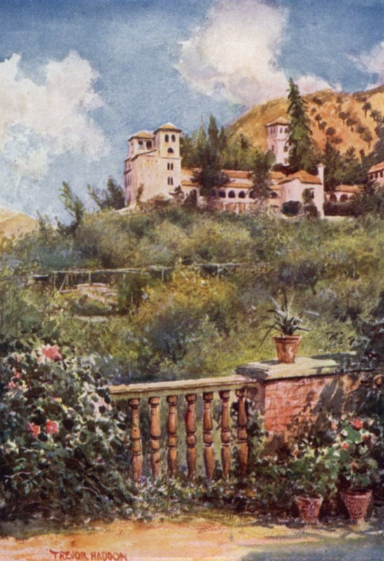 Granada, utsikt över Generalife (färg litho) av A. Trevor Haddon