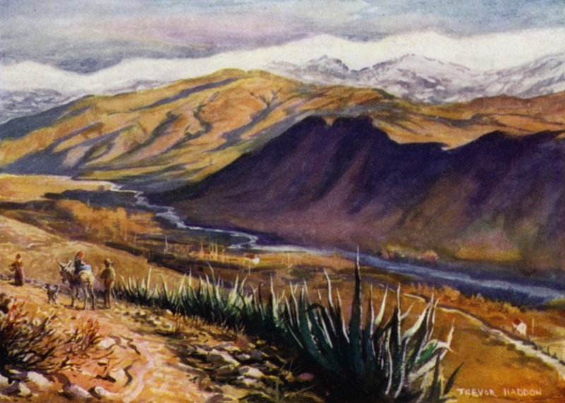 Granada, utsikt över Sierra Nevada och floden Genil (färg litho) av A. Trevor Haddon