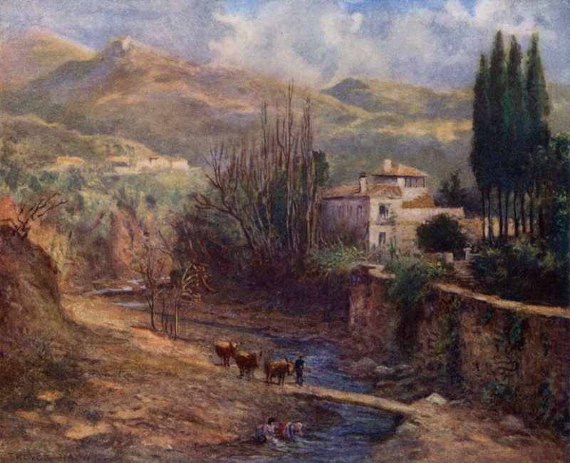 Granada, Villa på Darro (färg litho) av A. Trevor Haddon